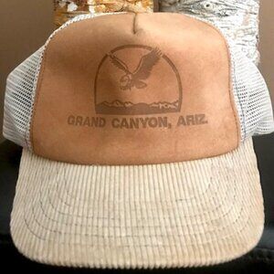 RARE! GRAND CANYON, ARIZONA TAN CORDUROY/SUEDE LEATHER TRUCKER HAT- USA MADE CAP